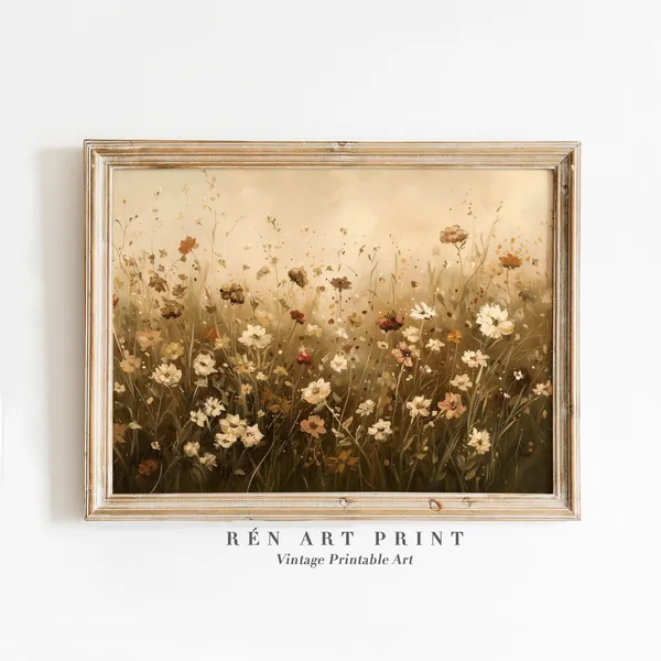 Vintage Flower Field Art Print, Antique Wildflowers