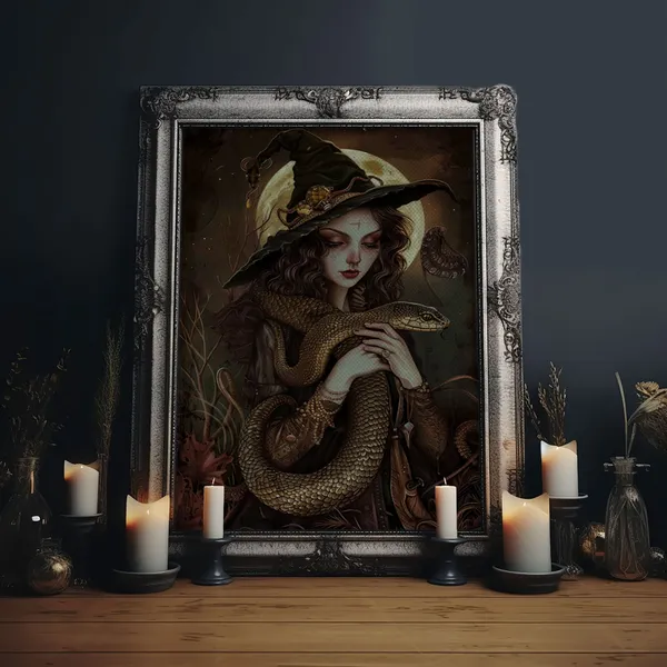 Witch Holding Snake Under Full Moon, Gothic Art Print