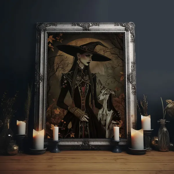 Gothic Witch With Elegant Dog, Halloween Art Print
