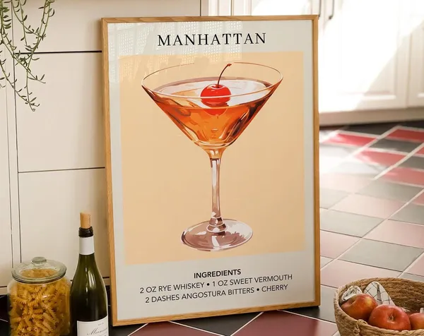 Manhattan Cocktail Art Print, Trendy Whiskey Poster
