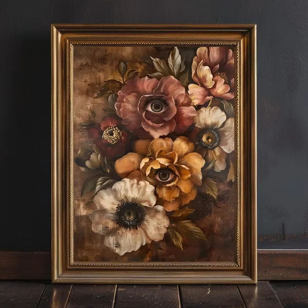 Moody Vintage Creepy Floral Eye Art Print, Dark Academia