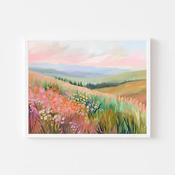 Colorful Autumn Meadow Landscape, Floral Hill Wall Art Print