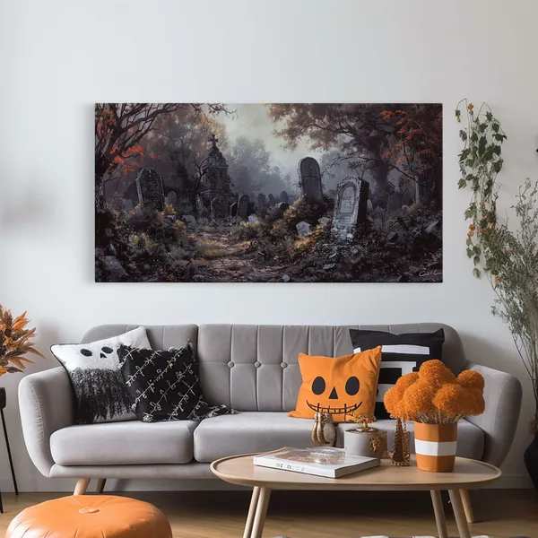 Haunted Cemetery Halloween Art Print, Spooky Decor