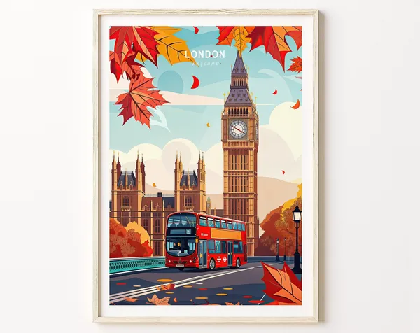 London England Travel Poster, Big Ben Bridge Wall Art