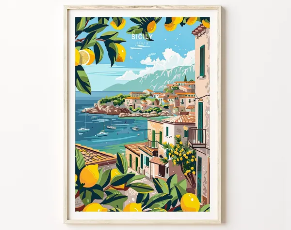 Sicily Italy Travel Poster, Coastal City Print