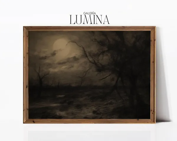 Dark Landscape Charcoal Drawing, Vintage Forest Art Print