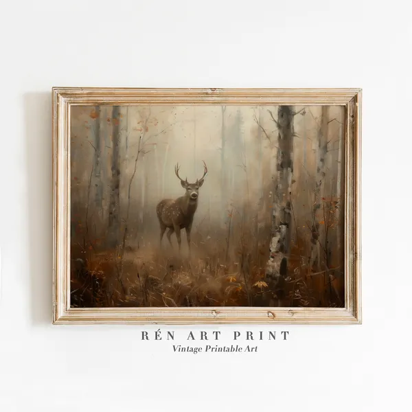 Vintage Deer In Forest Art Print, Rustic Autumn