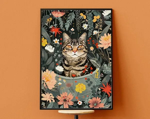 Tabby Cat Jungle Bath Art Print, Boho Decor