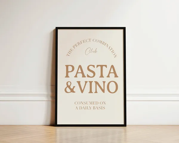 Pasta And Vino Kitchen Art Print, Neutral Decor