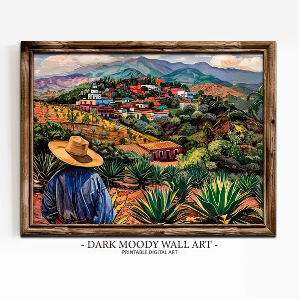 Mexican Village Landscape Art Print, Rustic Countryside