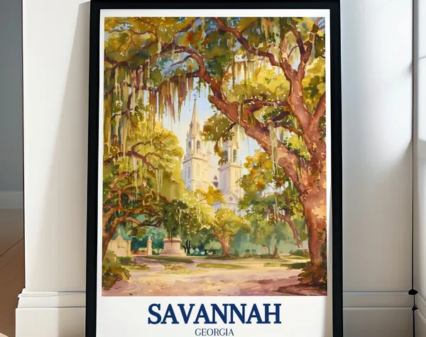 Savannah Travel Poster, Forsyth Park and Cathedral