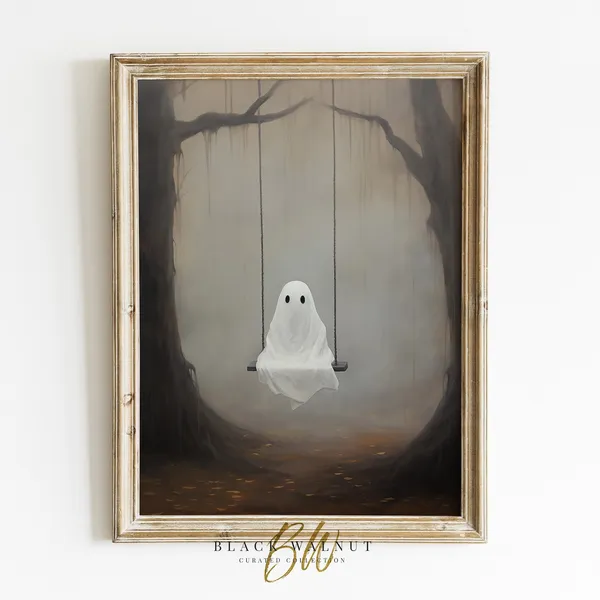 Ghost On Swing Halloween Rustic Fall Art Print