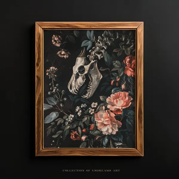 Gothic Dragon Skeleton Floral Art Print, Cottagecore