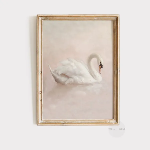 White Swan Antique Oil Painting Art Print