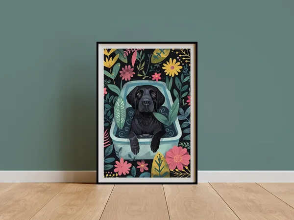 Black Labrador Art Print, Boho Nursery Dog Portrait