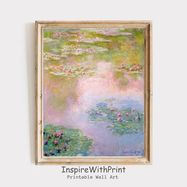 Monet Water Lilies Vintage Art Print, Pastel Landscape
