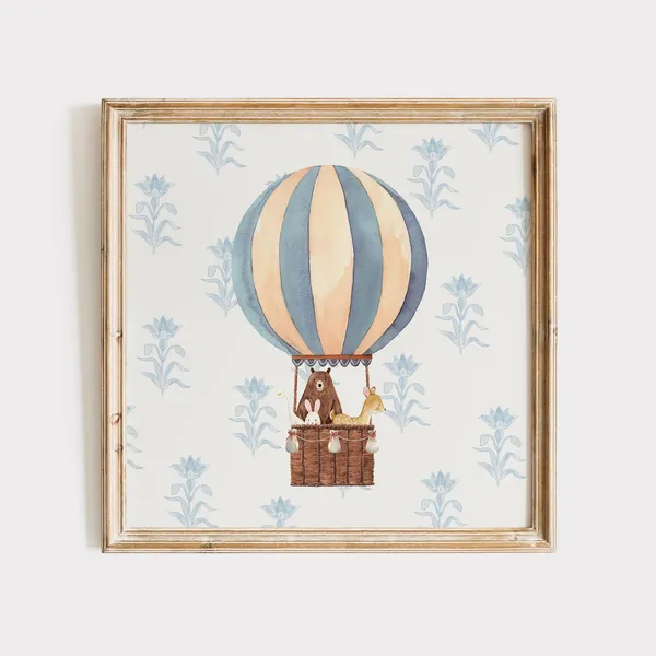 Watercolor Blue Hot Air Balloon Art Print, Nursery Decor