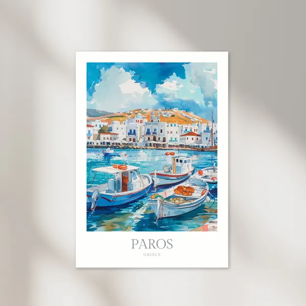Paros Greece Watercolor Travel Poster, Home Decor