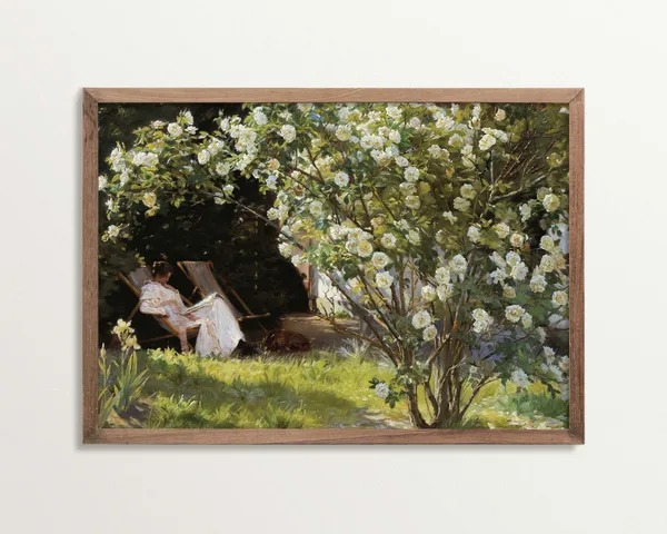 Light Academia Woman Reading Art Print, Vintage Garden