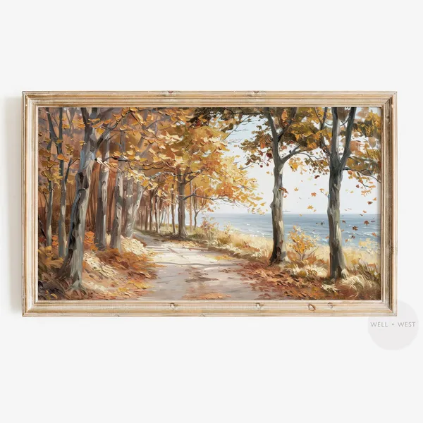 Fall Autumn Ocean Landscape Painting, Vintage Style