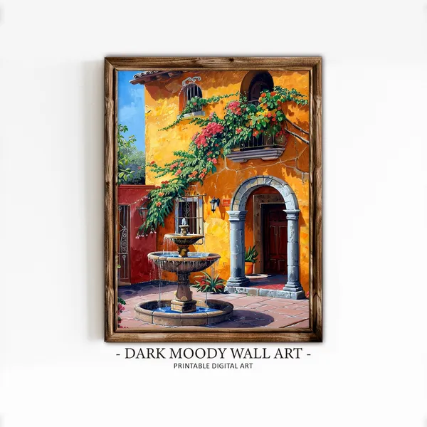 Mexican Courtyard Garden Art Print, Traditional Decor