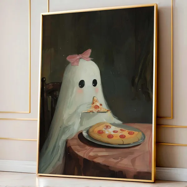 Ghost With Ribbon Eating Pizza Halloween Art Print