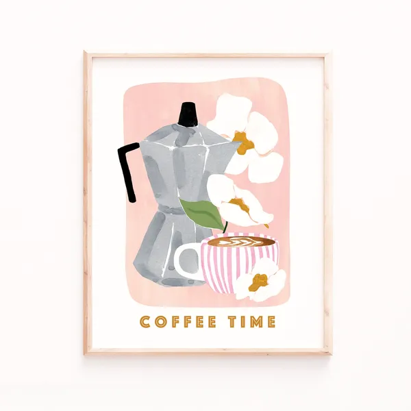 Coffee Poster Print, Girly Kitchen Floral Art