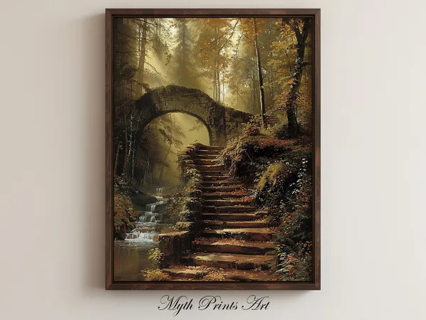Overgrown Stone Stairs And Bridge, Vintage Art Print
