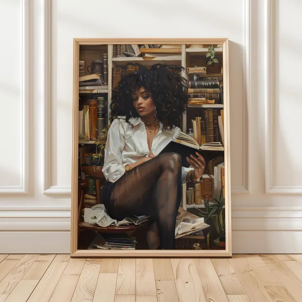 Black Woman Reading Art Print, Library Decor