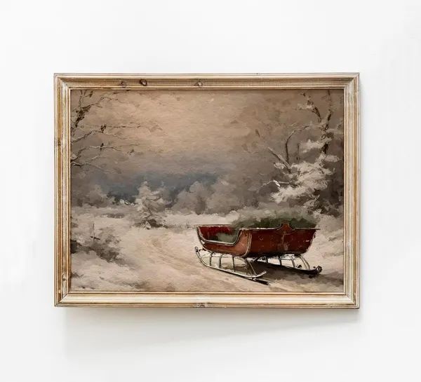 Vintage Sleigh Painting Christmas Landscape Art Print