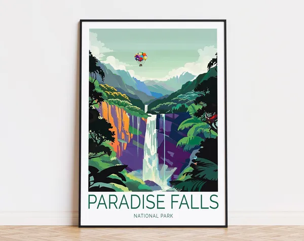 Paradise Falls Travel Poster, Waterfall Movie Art