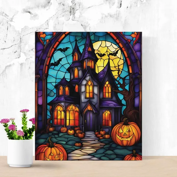 Stained Glass Halloween Haunted House Art Print