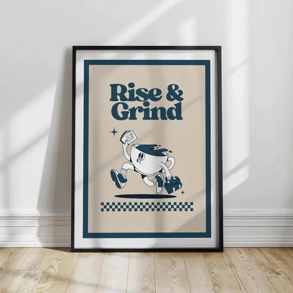 Rise Grind Coffee Retro Poster, Modern Kitchen Decor