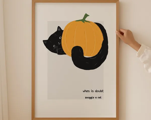 Black Cat Halloween Pumpkin Art Print, Trendy Poster