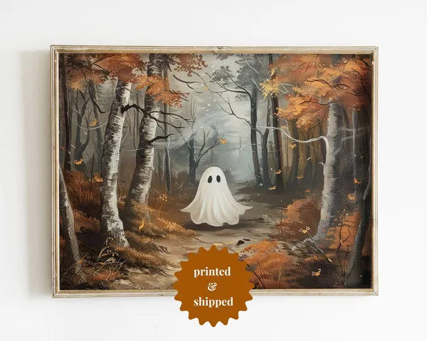 Little Ghost in Autumn Forest, Vintage Halloween Art Print