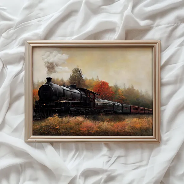 Autumn Landscape Vintage Steam Train Art Print
