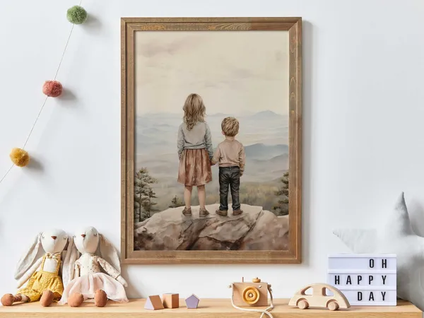Brother And Sister Portrait Art Print, Family Decor