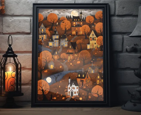 Scenic Halloween Folk Art Print, Vintage Fall Pumpkin