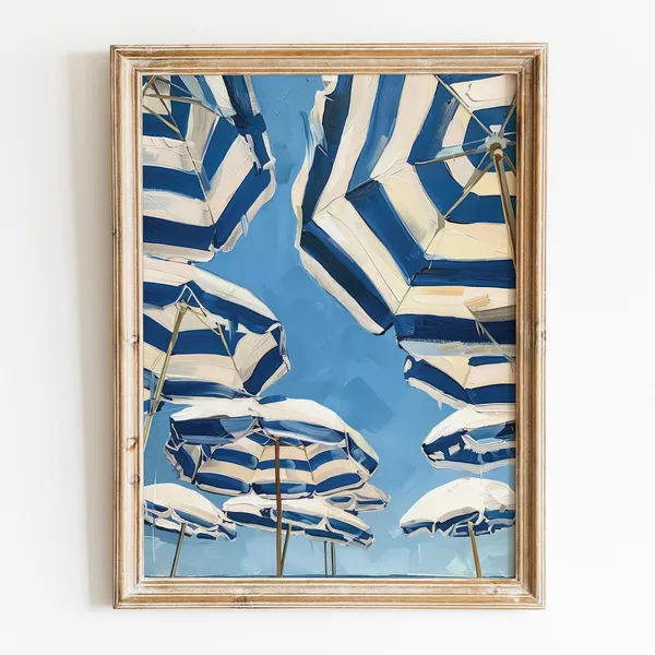 Navy Beach Umbrellas Preppy Summer Art Print