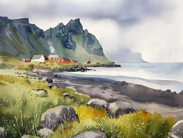 Town of Vik Watercolor Art Print, Iceland Travel Poster