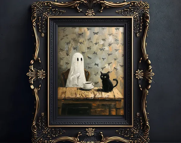Coffee Time Ghost and Black Cat, Halloween Art Print