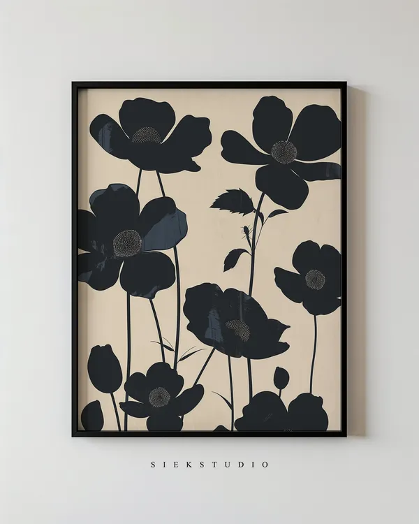 Black Flower Silhouette Minimalist Floral Art Print