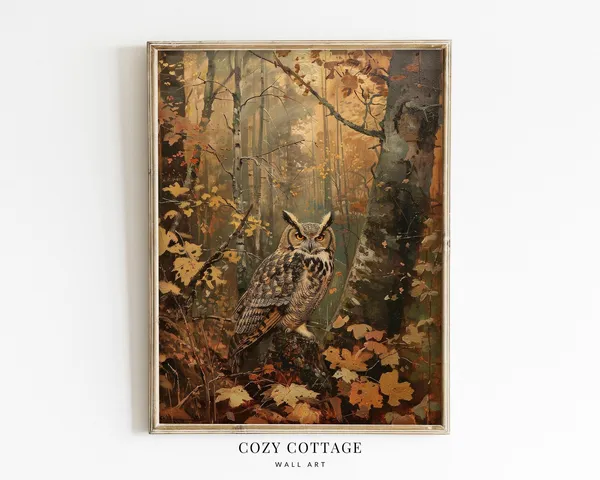 Owl In Autumn Forest, Vintage Style Art Print