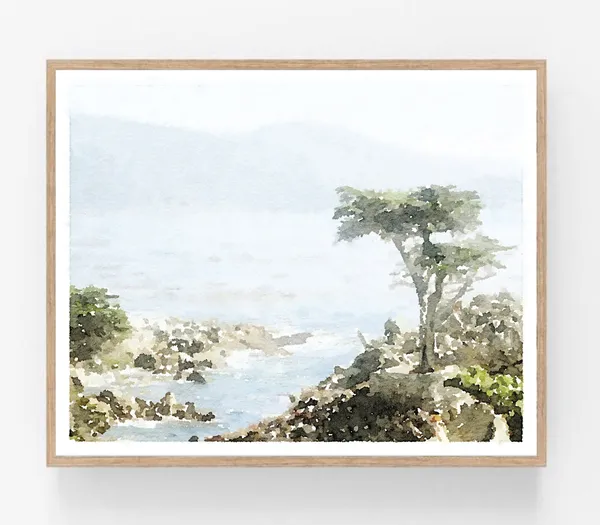 Lone Cypress Tree Watercolor Art Print, Coastal Landscape
