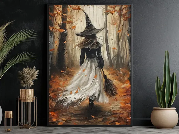 Autumn Young Witch in the Forest Halloween Poster