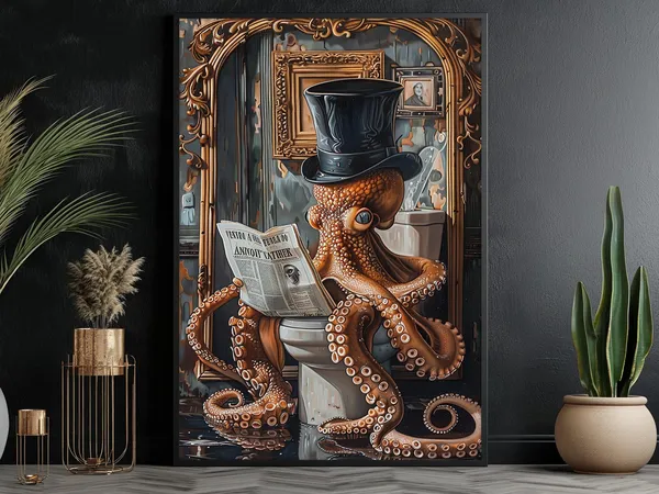 Vintage Octopus on Toilet Bathroom Poster Print