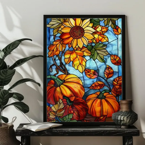 Stained Glass Fall Pumpkin Harvest Puzzle Art