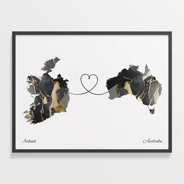Ireland to Australia Map Poster, Travel Art Print