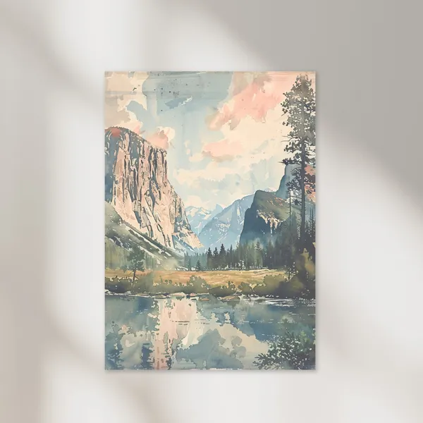 Yosemite Vintage Watercolor Travel Poster, Park Art