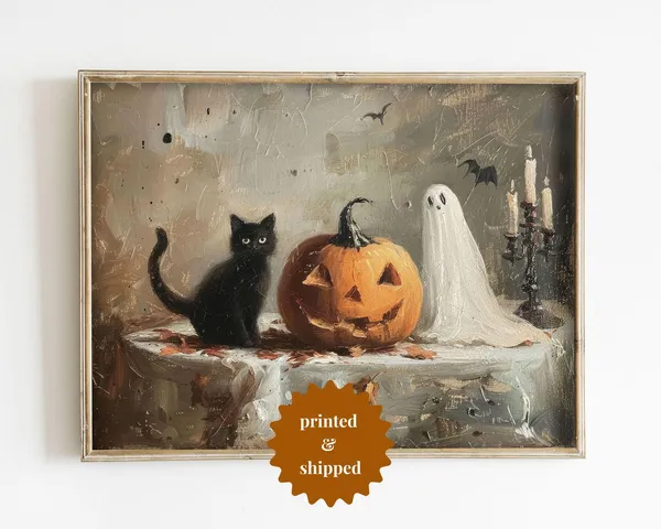 Black Cat Pumpkin Ghost Vintage Style Art Print